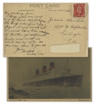 Moe Howard Autograph Postcard Signed From 1939 Aboard the Queen Mary, En Route to England for the Stooges Tour of the British Isles -- Moe Writes to His Daughter, Signing Daddy Dear -- Very Good